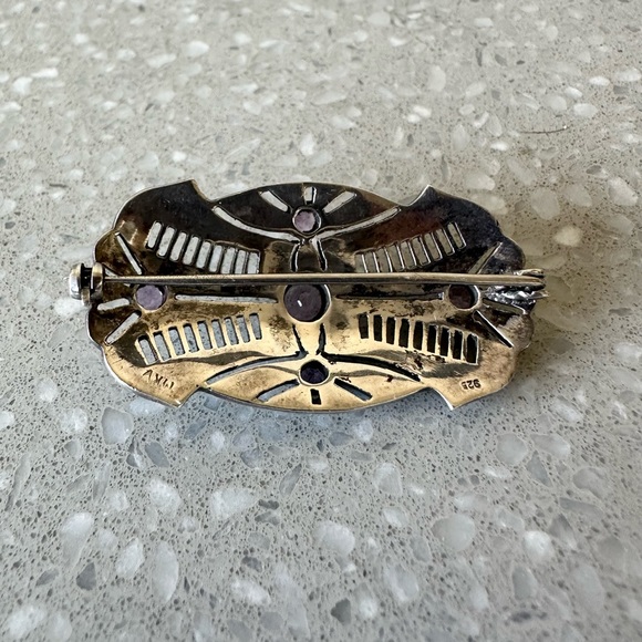 Art Deco Sterling Silver Natural Amethyst & Marcasite Brooch Stamped Makers Mark - Picture 7 of 11